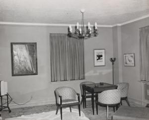 Living Area, Suite 850, Hotel Texas  Living Area, Suite 850, Hotel Texas, Fort Worth, Thursday, November 21, 1963 Pictured: Lyonel Feininger, "Manhattan II," Franz Kline, "Study for Accent Grave," Morris Graves, "Spirit Bird" 