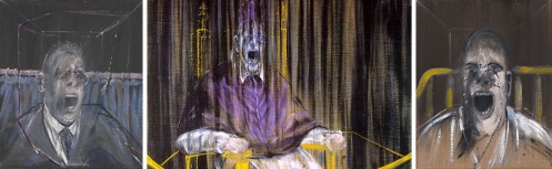 Francis Bacon 1909-1992 Left: Study for a portrait, 1952 Tate, London Center: Study after Veláquez's Portrait of Pope Innocent X (1953) Right: Three Studies of George Dyer'(detail)| Louisiana Museum of Modern Art, Humlebaek, Denmark 