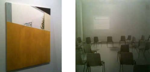 Left: Kirsten Everberg, Afternoon Room (Barragan), 2015, Oil and Enamel on Canvas on Wood Panel, 72” x 60” Right:Paul Winstanley, Seminar (Grey), 2014, Oil on linen, 61” x 63” Both At 1301PE, Los Angeles 